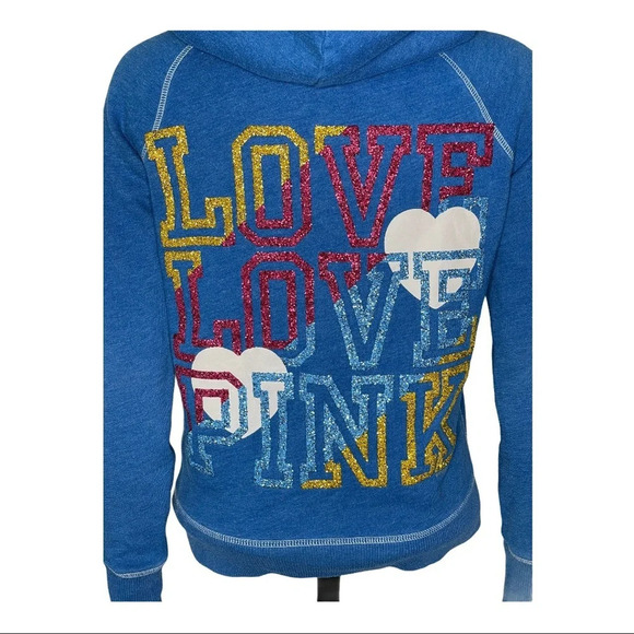 🛍️3/$40 PINK Victoria’s Secret Glitter Hoodie  Turquoise Size XS - Picture 6 of 7